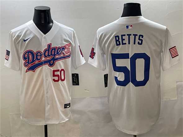 Men%27s Los Angeles Dodgers #50 Mookie Betts White With American Flag Patch Limited Stitched Jersey->los angeles dodgers->MLB Jersey